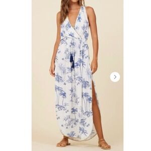 NWT Surf Gypsy Island Landscape Maxi Dress White Blue Tropical Print Cover Up M